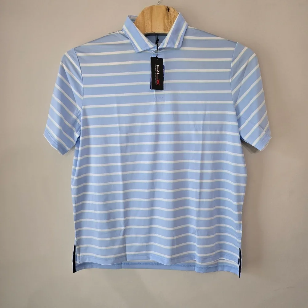RLX Ralph Lauren Golf Polo Shirt Mens XL‎ Striped Light Blue Performance